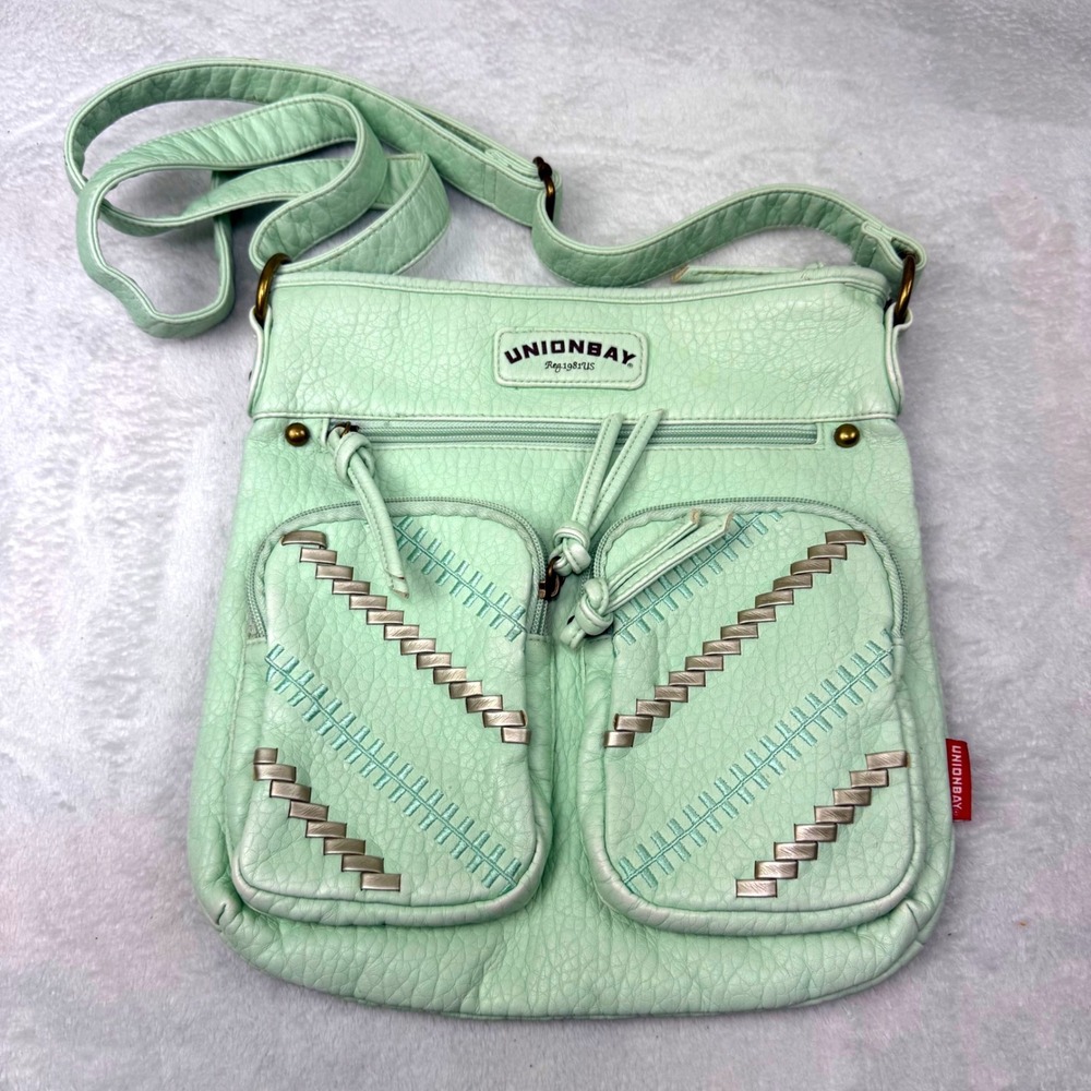 Unionbay Y2K Mint Green Faux Leather Crossbody Bag Multi Pocket Adjustable Strap